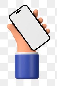 Hand holding smartphone png, blank screen in 3D design, transparent background