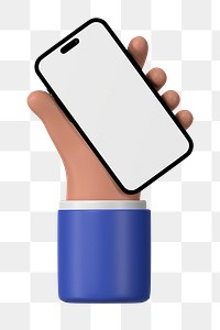 Hand holding smartphone png, blank screen in 3D design, transparent background