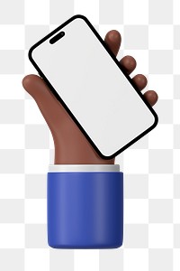 Hand holding smartphone png, blank screen in 3D design, transparent background