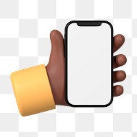 Hand holding smartphone png, blank screen in 3D design, transparent background