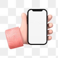 Hand holding smartphone png, blank screen in 3D design, transparent background