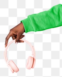 PNG hand holding pink headphones, entertainment sticker, transparent background