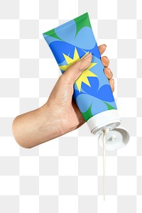 Cream tube png hand holding cosmetic product packaging, transparent background