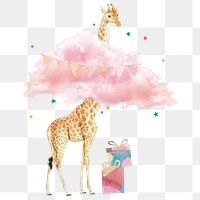 Birthday giraffe png pink clouds, transparent background