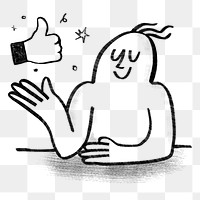 Character png presenting like button, social media doodle, transparent background