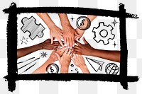 Diverse hands united png sticker, teamwork doodle mixed media, transparent background