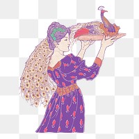 Woman carrying peacock png on a tray sticker, transparent background, remixed from the artwork of Louis Rhead