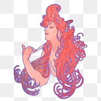 Alphonse Mucha's png vintage woman sticker on transparent background, remixed by rawpixel