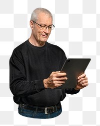 Png senior using tablet sticker, transparent background