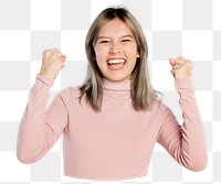 Excited young woman png sticker, transparent background