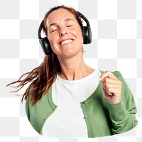 Png woman with headphones sticker, transparent background