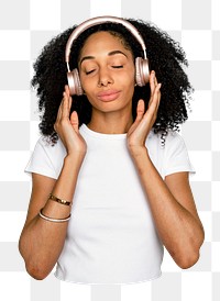 Png woman with headphones sticker, transparent background