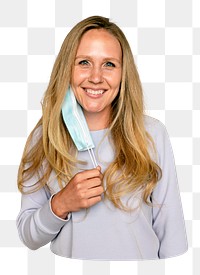 Png happy woman taking off mask sticker, transparent background