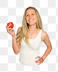 Png woman holding apple sticker, transparent background
