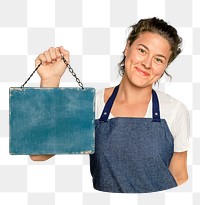 Png woman holding blank signboard sticker, transparent background