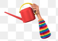Red watering can png sticker, transparent background 