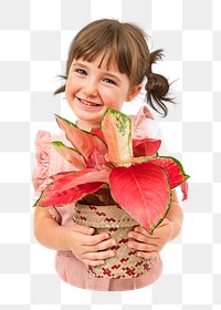 Png child with plant sticker, transparent background