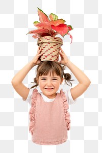 Png child with plant sticker, transparent background