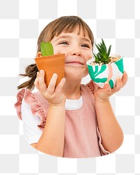 Png child with plant sticker, transparent background