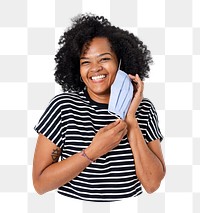 Png woman taking off mask sticker, transparent background