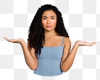 Confused woman png sticker, transparent background