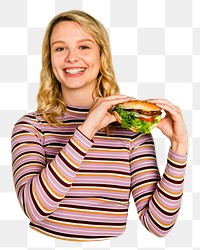 Png woman eating junk food sticker, transparent background 