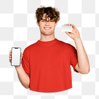 Holding phone & card png sticker, transparent background