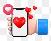 Online dating app png 3D rendering, hand holding smartphone illustration on transparent background