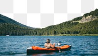 Canoe on lake png  border, pine forest image, transparent background