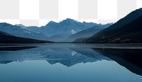 Peaceful mountain png lake border, nature image, transparent background