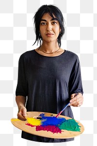 Woman artist png sticker on transparent background, carrying color palette