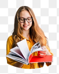 Png blonde girl reading sticker, education transparent background