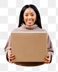 Png woman carrying box sticker, transparent background