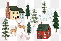 Christmas village png sticker, houses, cottages on transparent background