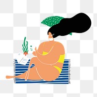 Woman sunbathing png sticker, wearing mask illustration, transparent background