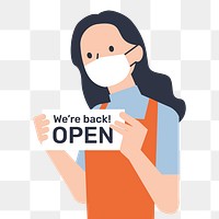 Barista holding png open sign, COVID-19 graphic, transparent background