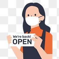 Barista holding png open sign, COVID-19 graphic, transparent background