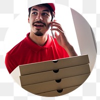 Pizza delivery man png sticker badge, transparent background