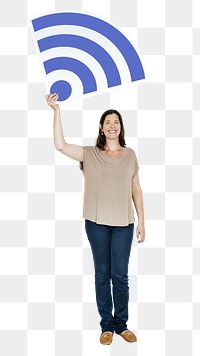 Woman holding wifi png sticker, transparent background