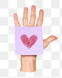 PNG heart doodle, sticky note on hand in transparent background