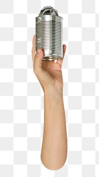 Recyclable png tin, volunteer holding up trash in transparent background