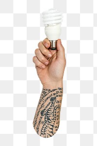 Hand holding light bulb png sticker, transparent background