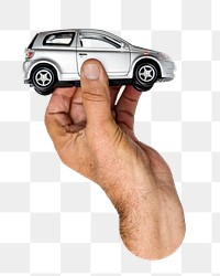 Hand holding car png sticker, transparent background