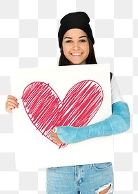 Woman holding png heart sign sticker, transparent background
