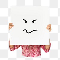 Woman holding png angry face sign sticker, transparent background