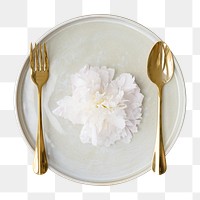 PNG flower on a plate with golden spoon and fork in transparent background