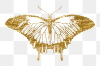 Gold butterfly png sticker, glittery aesthetic design, transparent background. Remixed from the artwork of E.A. Séguy.