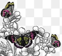 Floral butterfly png border, aesthetic illustration, transparent background. Remixed from the artwork of E.A. Séguy.