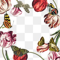 Vintage flower png frame, aesthetic butterfly illustration, transparent background.  Remixed from the artwork of E.A. Séguy.