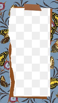 Vintage butterfly patterned png frame, ripped note paper, transparent design. Remixed from the artwork of E.A. Séguy.